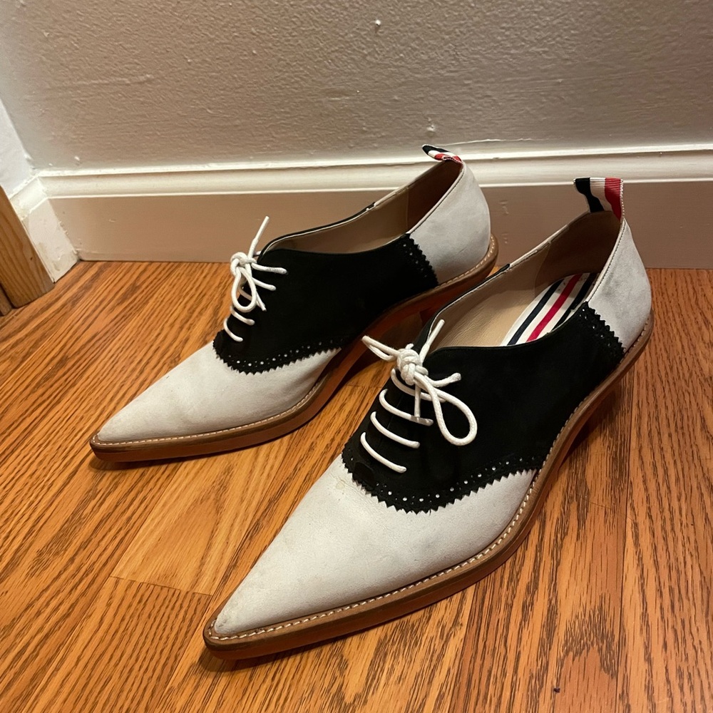Thom Browne Black and White Kitten Heel Pointed Toe Brogues Derbies Sz 37 Size 7